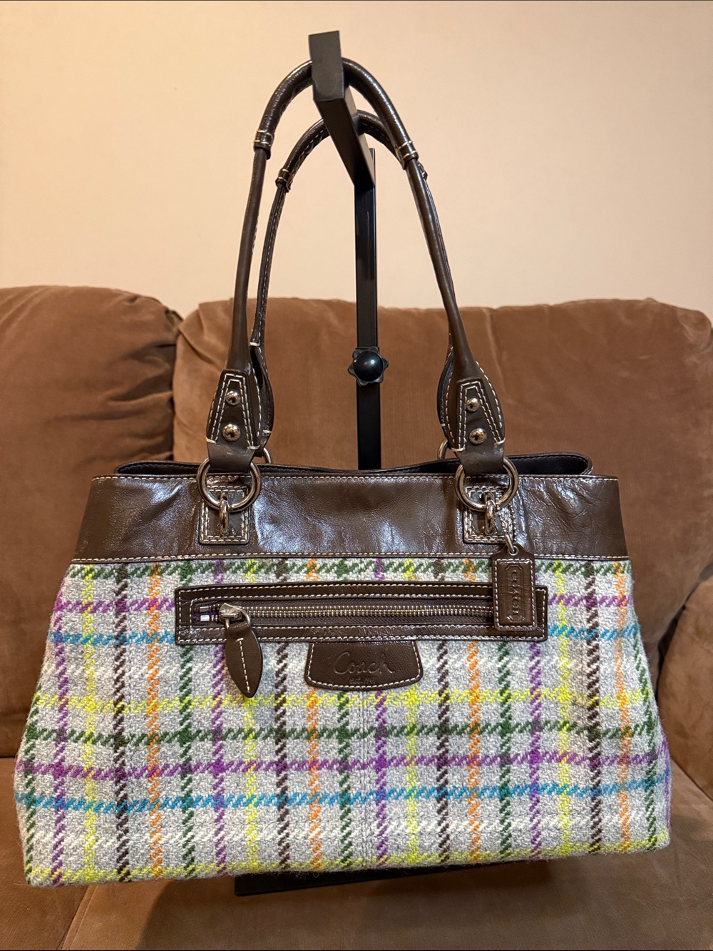 Coach Multicolor Plaid Shoulder Bag with Brown Leather Trim